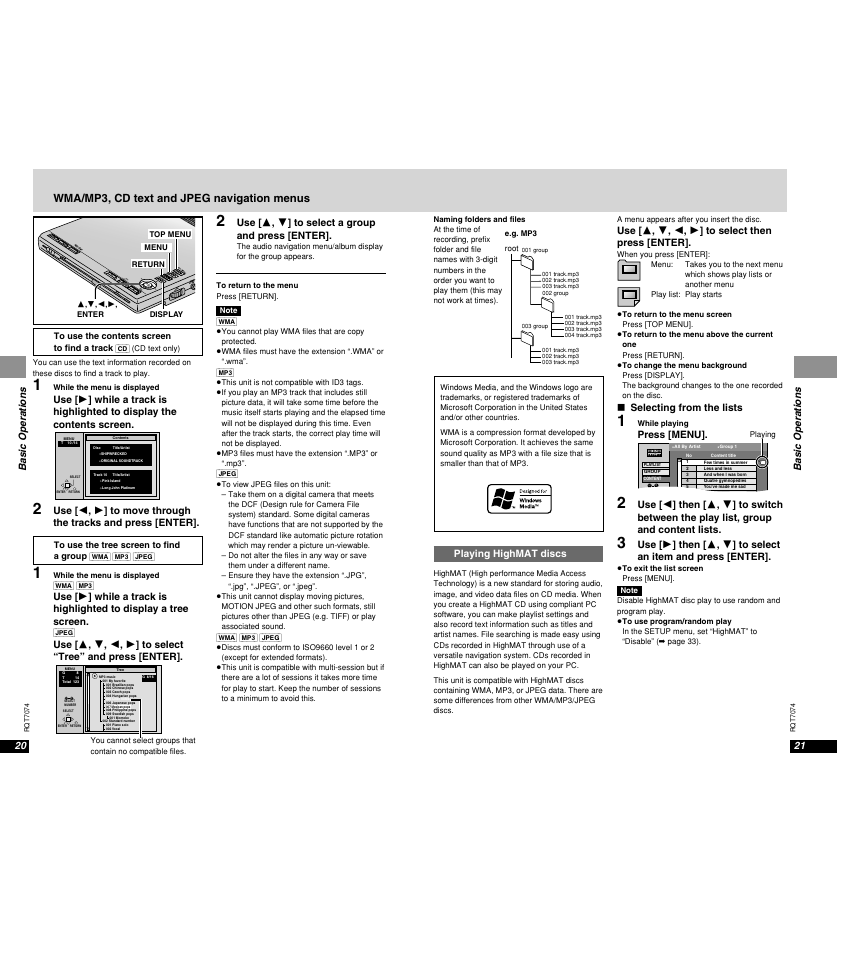 Chg í, Wma/mp3, cd text and jpeg navigation menus, Basic operations 20 | Basic operations, Use [ 3 , 4 ] to select a group and press [enter, Use [ 3 , 4 , 2 , 1 ] to select then press [enter, Selecting from the lists, Press [menu, Playing highmat discs | Panasonic DVD-PS3 User Manual | Page 12 / 22