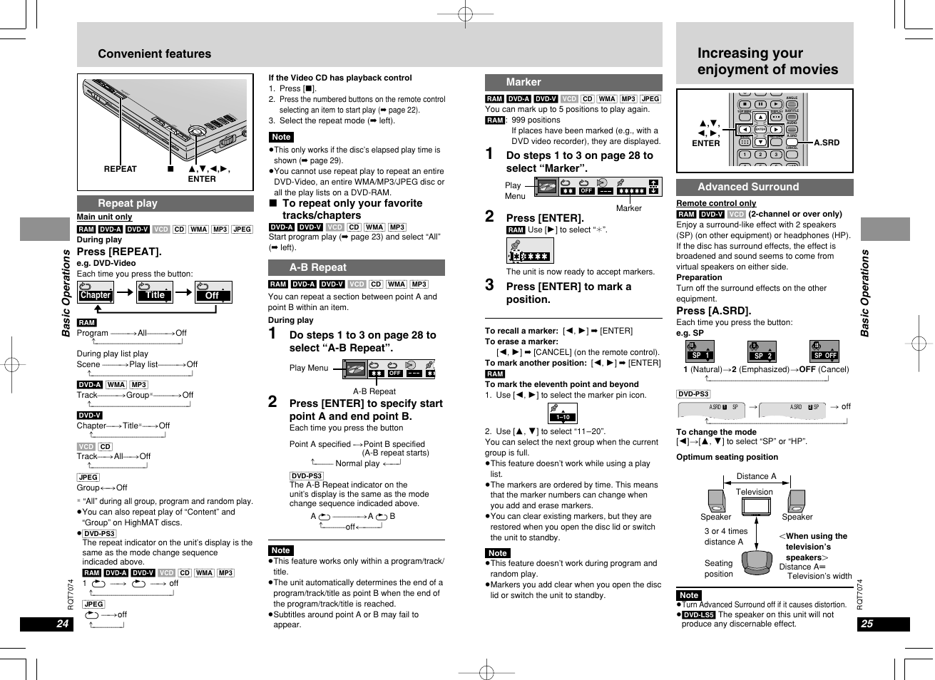 Increasing your enjoyment of movies, Chg í, Convenient features | Basic operations 24, Basic operations, Marker, Do steps 1 to 3 on page 28 to select “marker, Press [enter, Press [enter] to mark a position, Advanced surround | Panasonic DVD-PS3 User Manual | Page 14 / 22