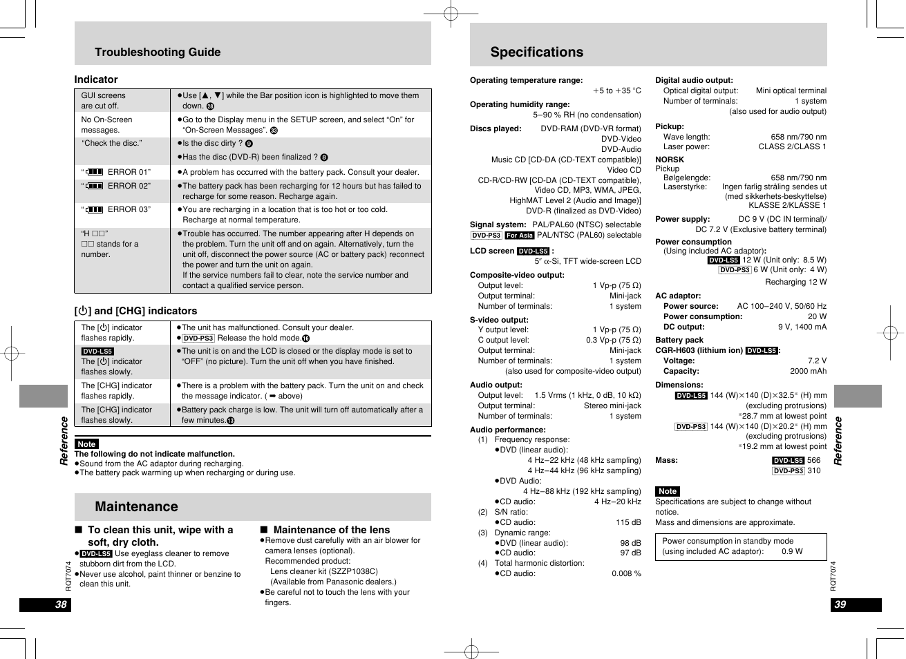 Maintenance specifications, Troubleshooting guide | Panasonic DVD-PS3 User Manual | Page 21 / 22