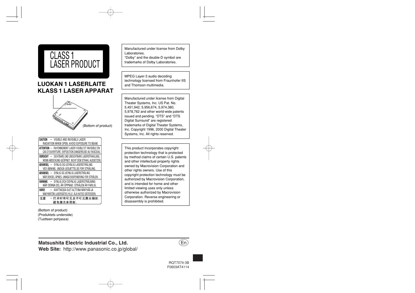 Class 1 laser product, Luokan 1 laserlaite klass 1 laser apparat | Panasonic DVD-PS3 User Manual | Page 22 / 22