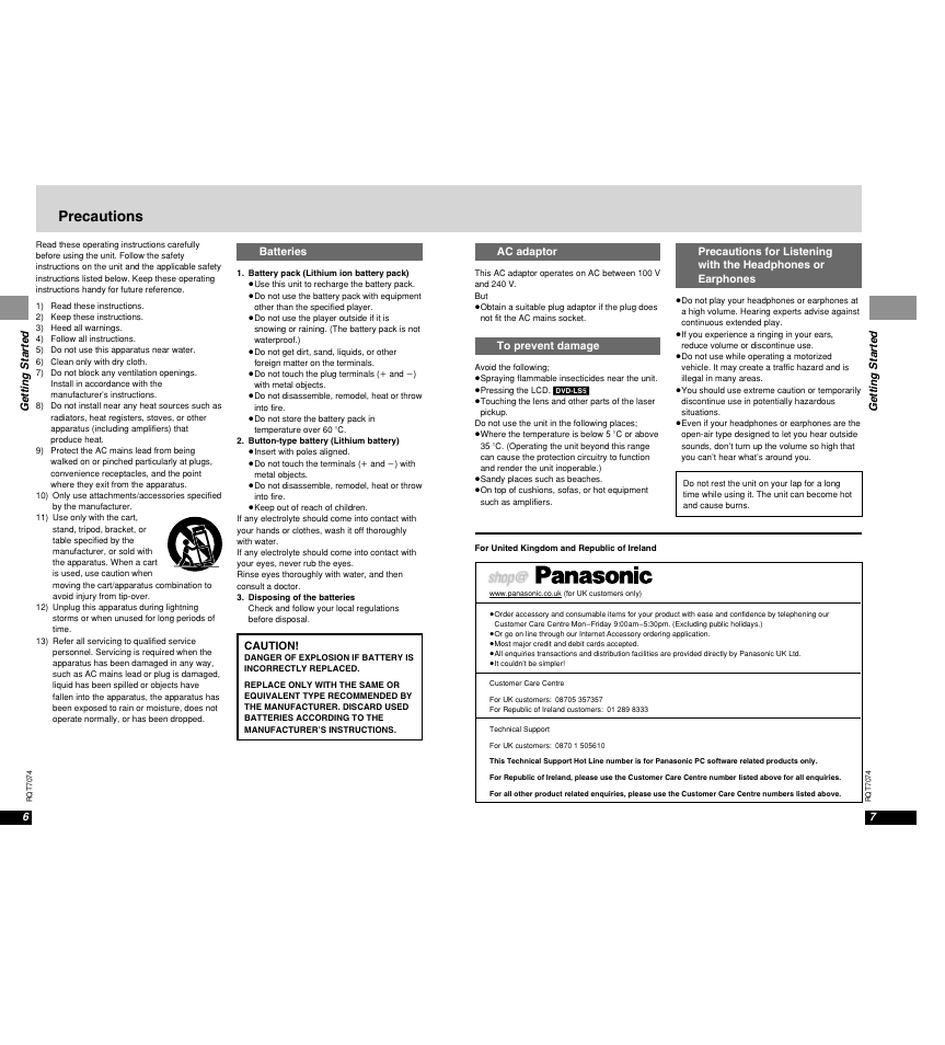 Precautions | Panasonic DVD-PS3 User Manual | Page 5 / 22