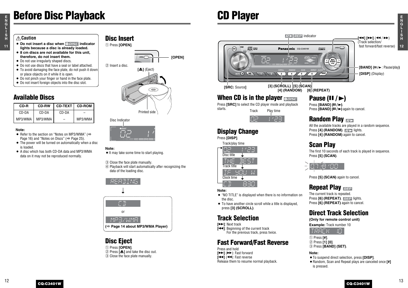 Cd player before disc playback, When cd is in the player, Display change | Track selection, Fast forward/fast reverse, Pause ( y / 5 ), Random play, Scan play, Repeat play, Direct track selection | Panasonic CQ-C3401 User Manual | Page 6 / 15