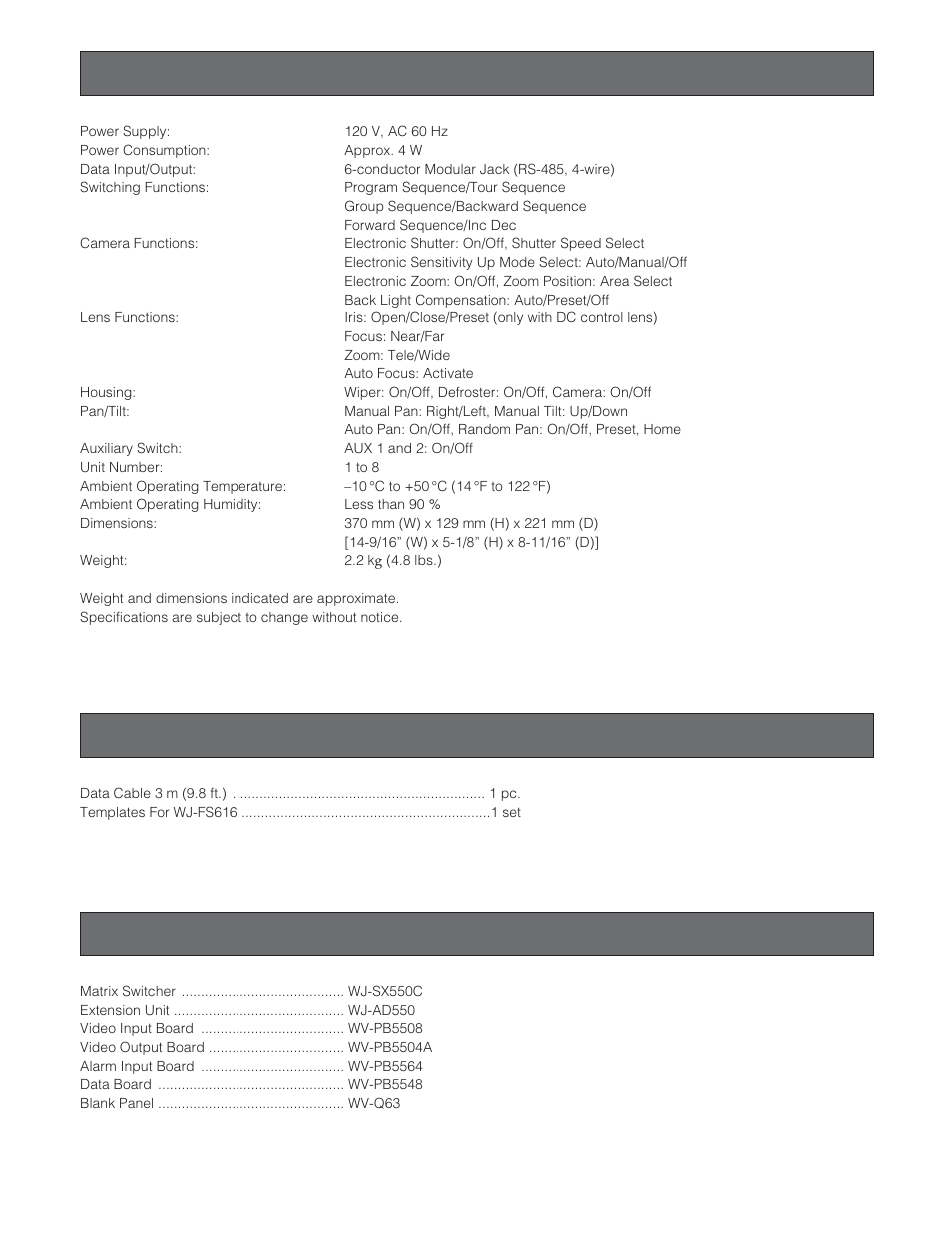 Specifications, Standard accessory, Major optional units and accessories | Panasonic WV-CU550CJ User Manual | Page 11 / 12