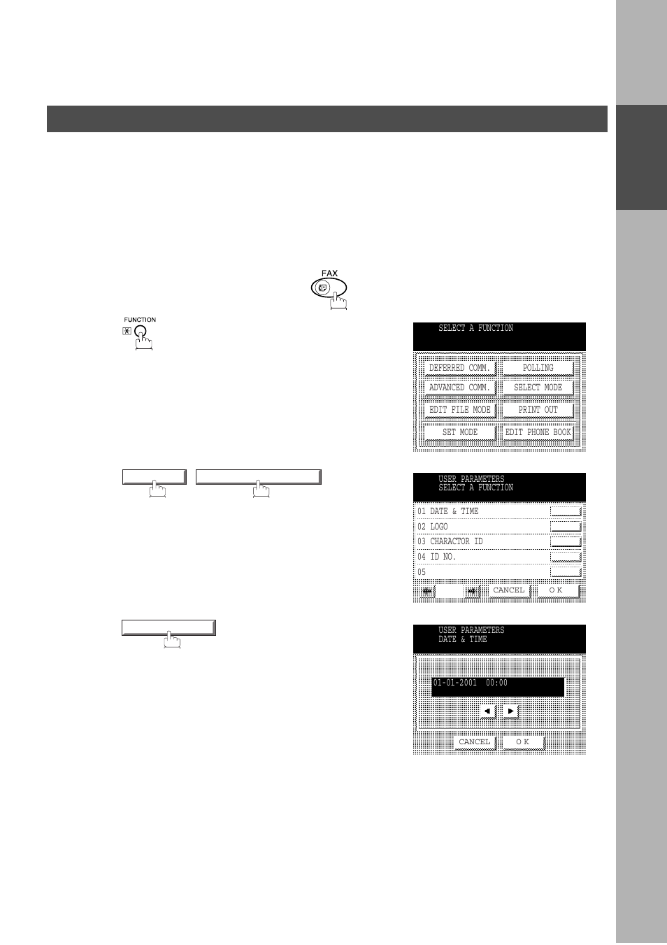 User parameters, Setting the date and time, Installing your machine | Panasonic DP-2500/3000 User Manual | Page 19 / 187