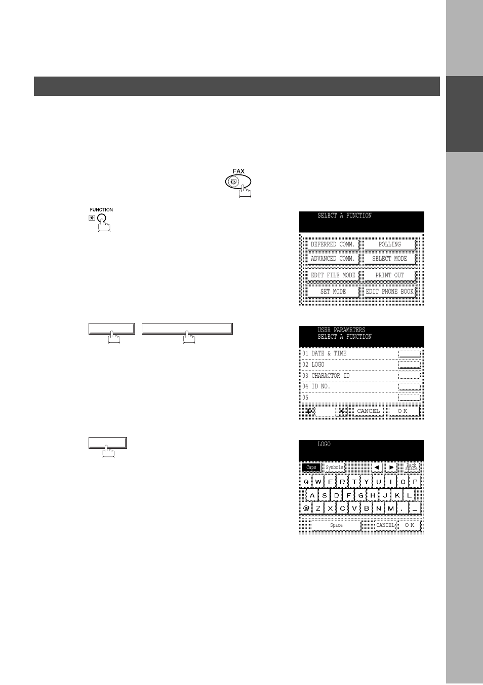 Setting your logo, Installing your machine, User parameters | Panasonic DP-2500/3000 User Manual | Page 21 / 187