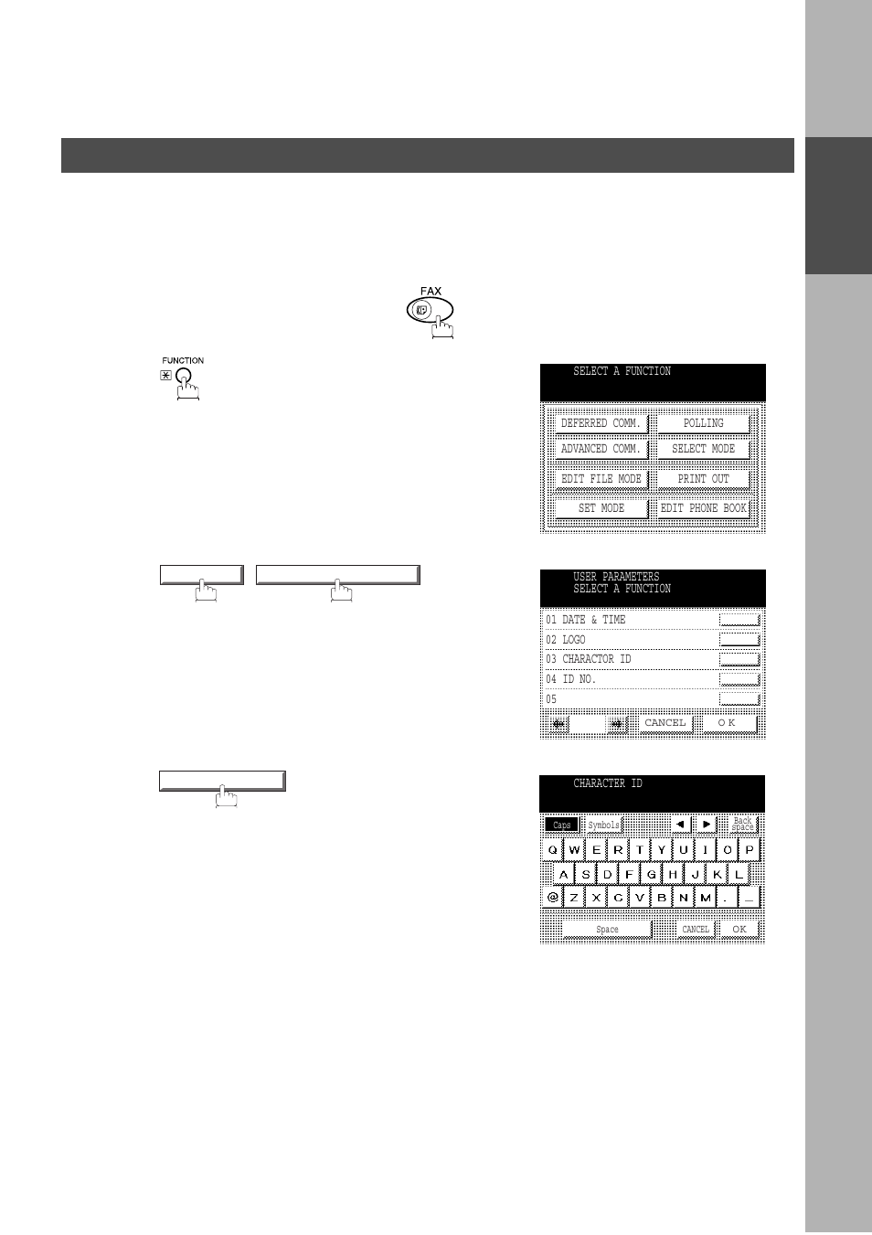 Setting your character id, Installing your machine, User parameters | Panasonic DP-2500/3000 User Manual | Page 23 / 187