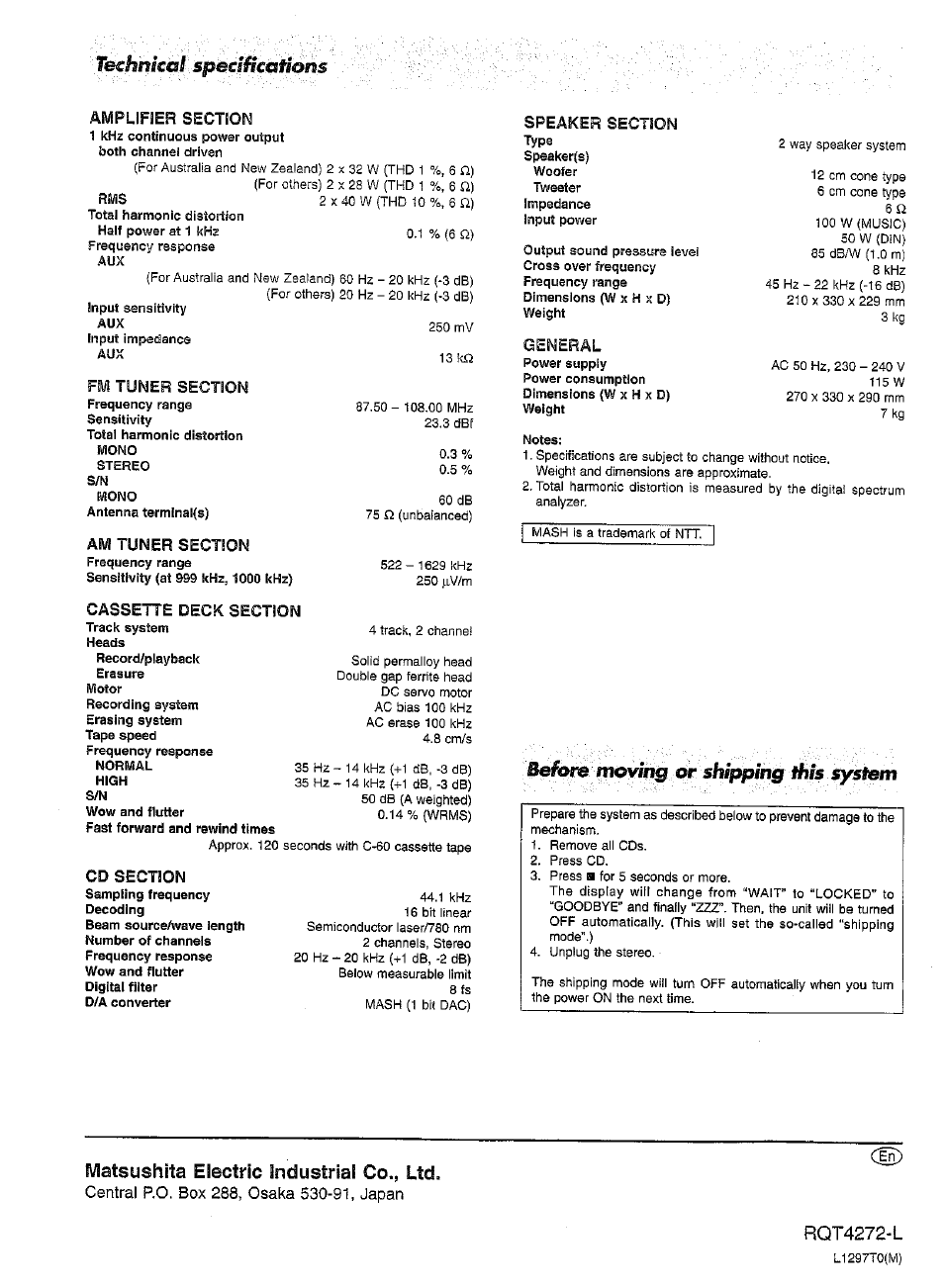 Matsushita electric industrial co., ltd, Rqt4272-l, Beforagnovihg this system | 1ынпка1 spécsfka, General | Panasonic SC-AK15 User Manual | Page 36 / 36