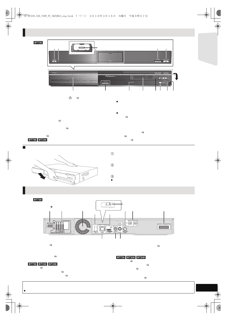 Main unit (front), Main unit (rear), If the front cover comes off | Getting s tar te d | Panasonic SC-BT330 User Manual | Page 7 / 52