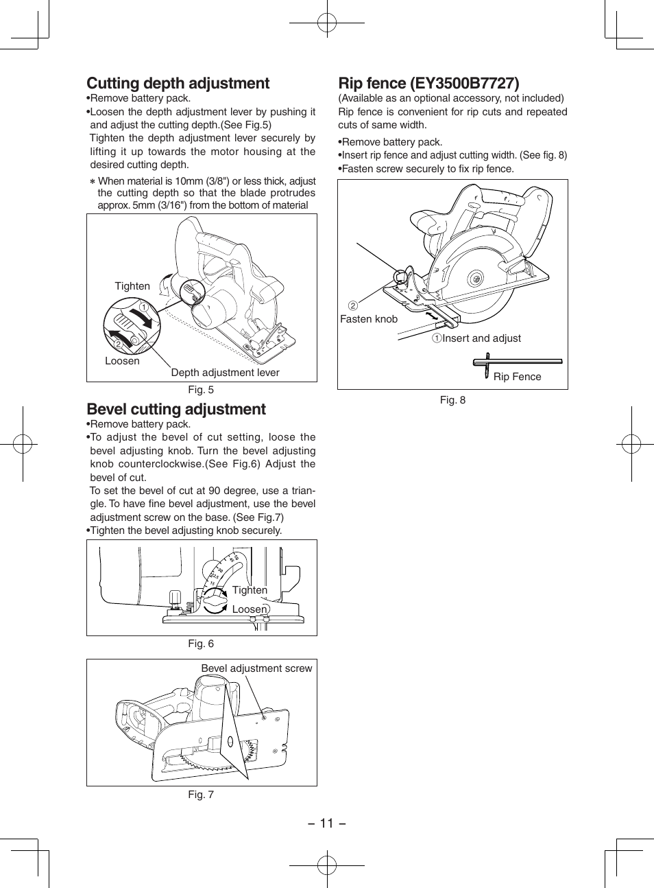 Cutting depth adjustment, Bevel cutting adjustment | Panasonic EY3551 User Manual | Page 11 / 48