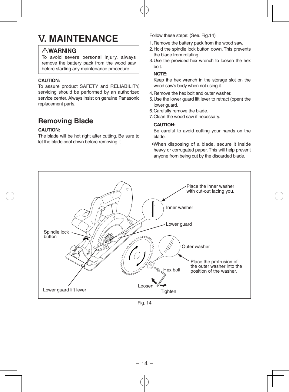 Maintenance, Removing blade | Panasonic EY3551 User Manual | Page 14 / 48