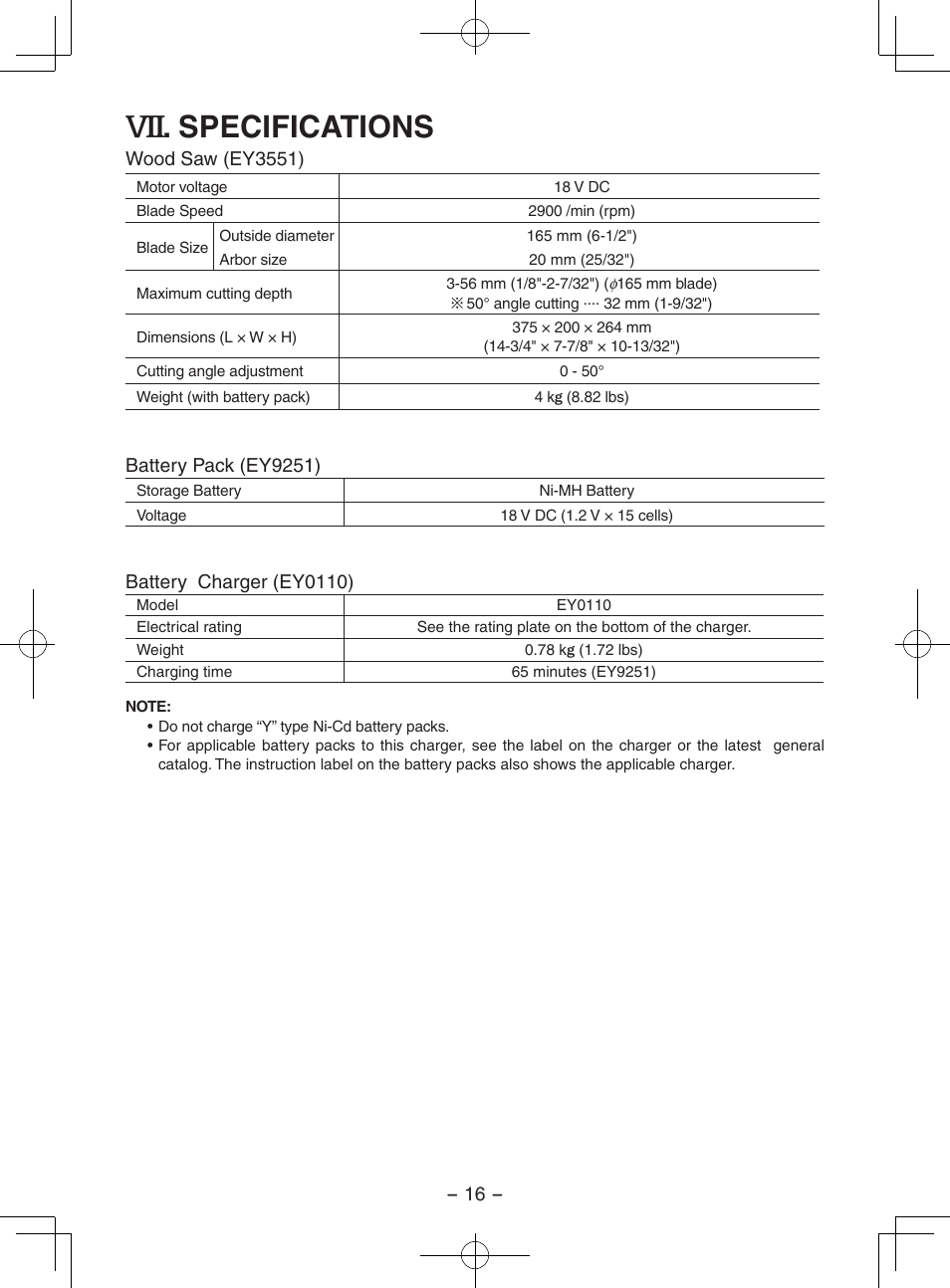 Specifications | Panasonic EY3551 User Manual | Page 16 / 48