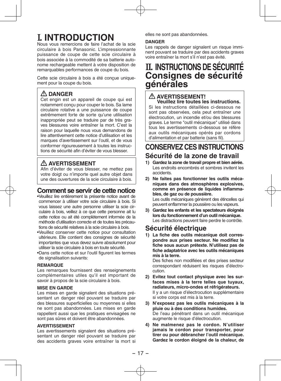 Francais, Introduction, Conservez ces instructions | Comment se servir de cette notice, Sécurité de la zone de travail, Sécurité électrique | Panasonic EY3551 User Manual | Page 17 / 48