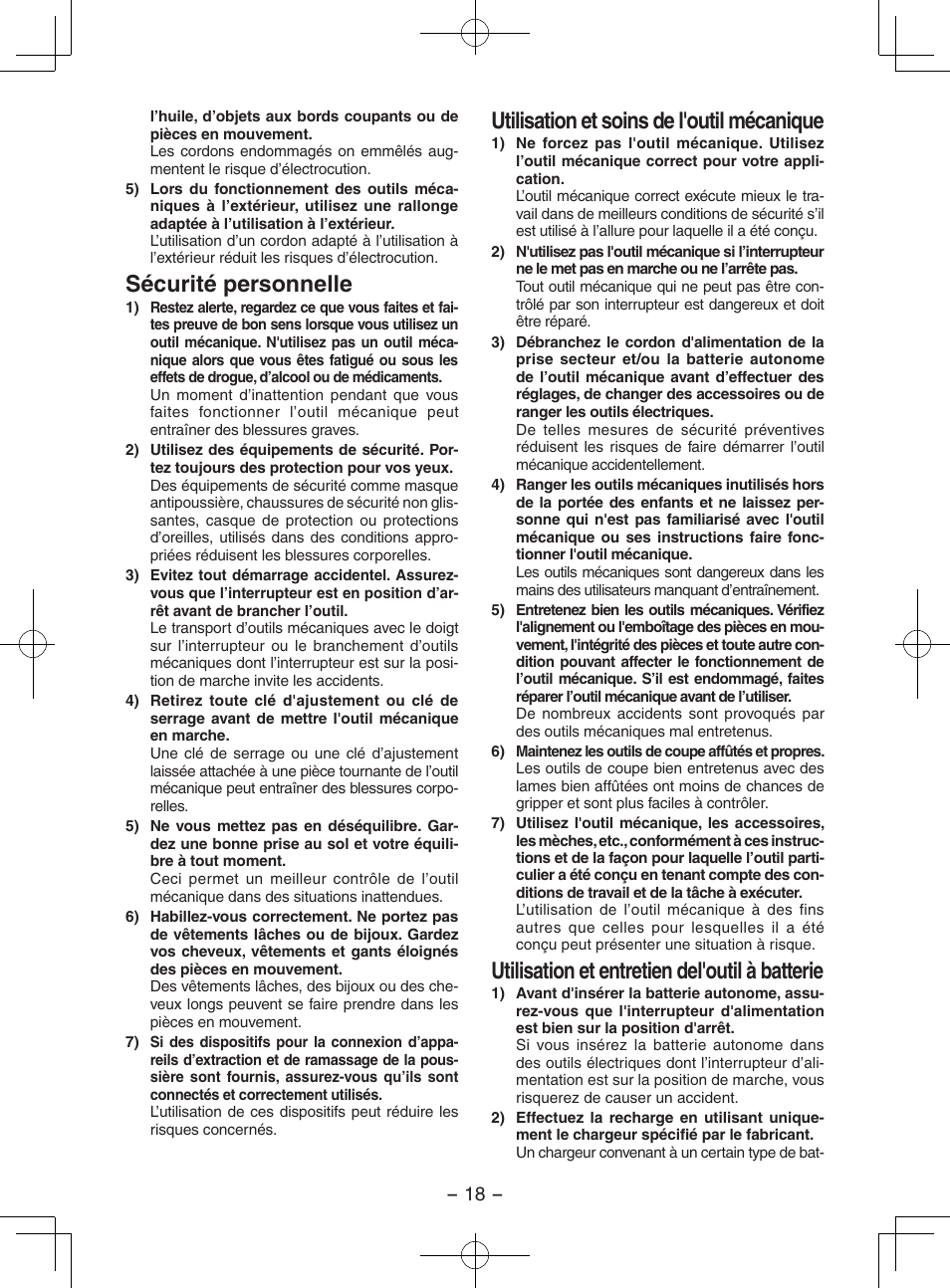 Sécurité personnelle, Utilisation et soins de l'outil mécanique, Utilisation et entretien del'outil à batterie | Panasonic EY3551 User Manual | Page 18 / 48