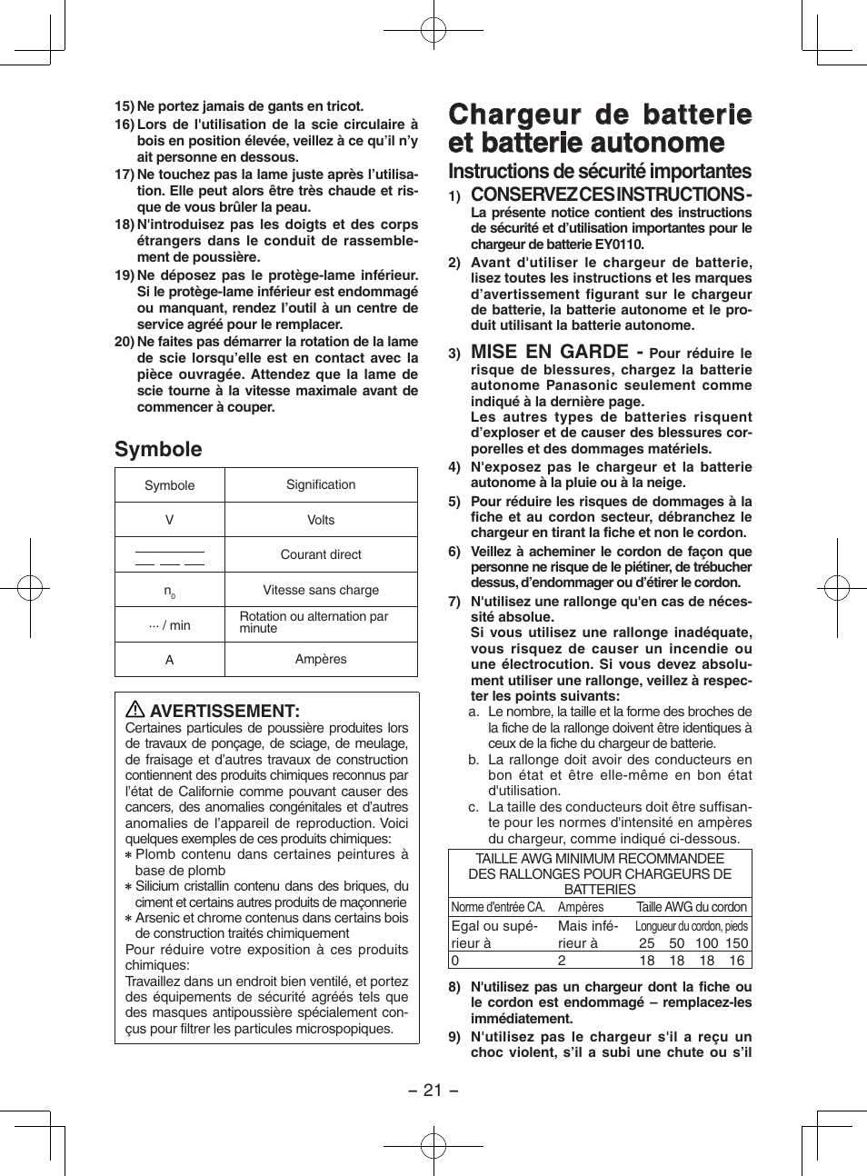 Chargeur de batterie et batterie autonome, Symbole, Instructions de sécurité importantes | Conservez ces instructions, Mise en garde, Avertissement | Panasonic EY3551 User Manual | Page 21 / 48