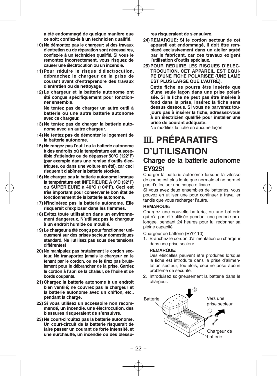 Préparatifs d’utilisation, Charge de la batterie autonome ey9251 | Panasonic EY3551 User Manual | Page 22 / 48