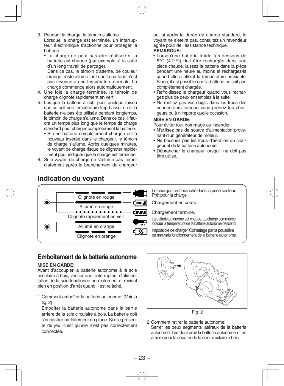Indication du voyant, Emboîtement de la batterie autonome | Panasonic EY3551 User Manual | Page 23 / 48