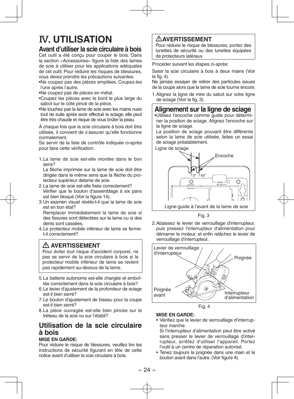 Utilisation, Avant d’utiliser la scie circulaire à bois, Utilisation de la scie circulaire à bois | Alignement sur la ligne de sciage | Panasonic EY3551 User Manual | Page 24 / 48