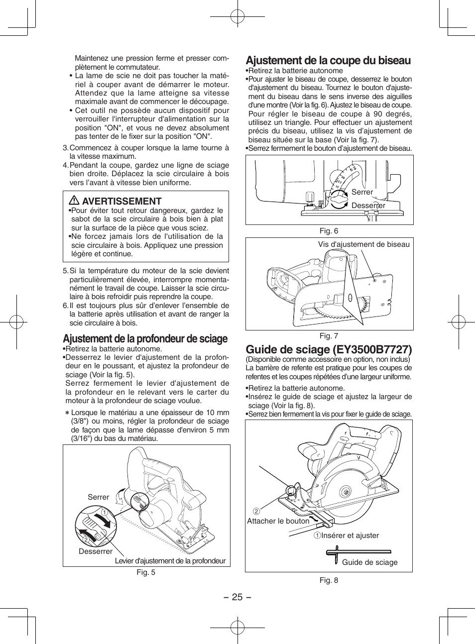 Ajustement de la profondeur de sciage, Ajustement de la coupe du biseau, Avertissement | Panasonic EY3551 User Manual | Page 25 / 48