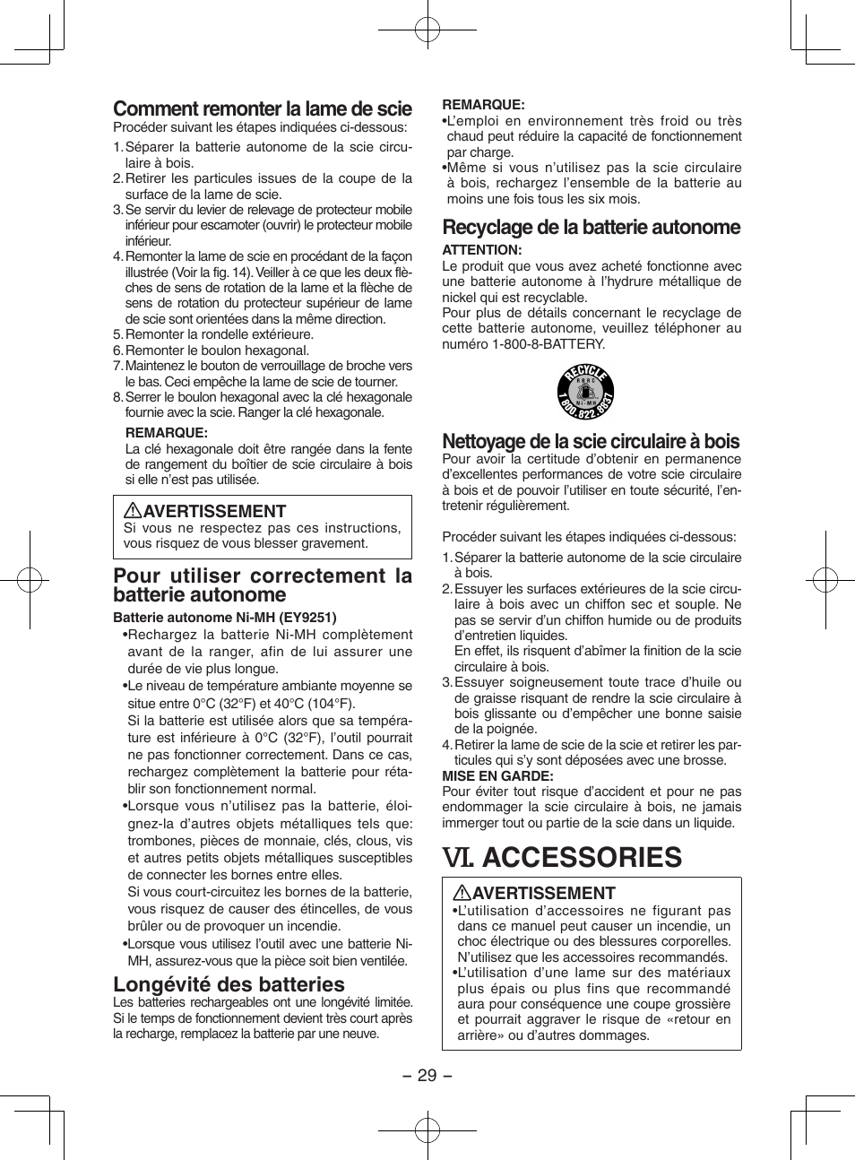 Accessories, Comment remonter la lame de scie, Pour utiliser correctement la batterie autonome | Longévité des batteries, Recyclage de la batterie autonome, Nettoyage de la scie circulaire à bois | Panasonic EY3551 User Manual | Page 29 / 48