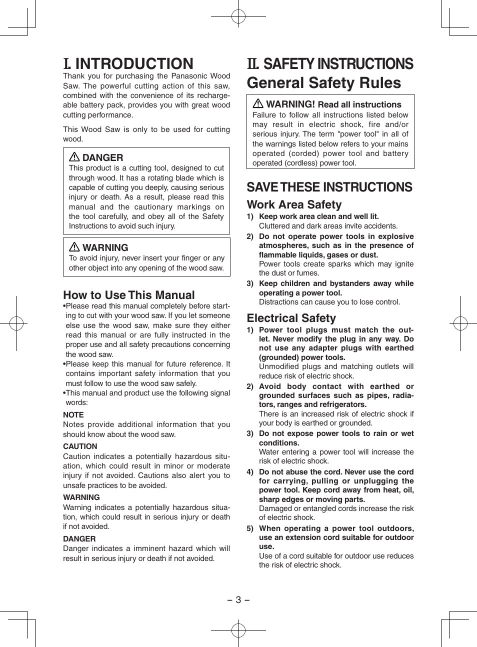 English, Introduction, Safety instructions general safety rules | Save these instructions, How to use this manual, Work area safety, Electrical safety | Panasonic EY3551 User Manual | Page 3 / 48
