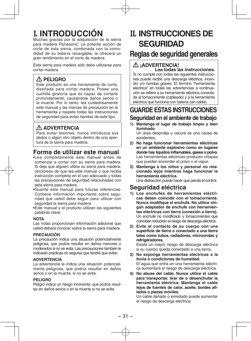 Espanol, Introducción, Guarde estas instrucciones | Forma de utilizar este manual, Seguridad en el ambiente de trabajo, Seguridad eléctrica | Panasonic EY3551 User Manual | Page 31 / 48