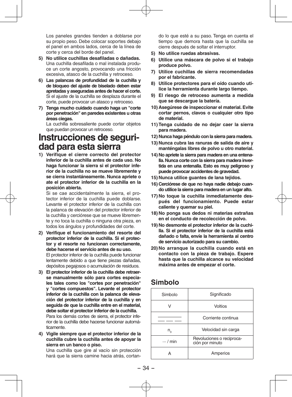 Instrucciones de seguri- dad para esta sierra, Simbolo | Panasonic EY3551 User Manual | Page 34 / 48