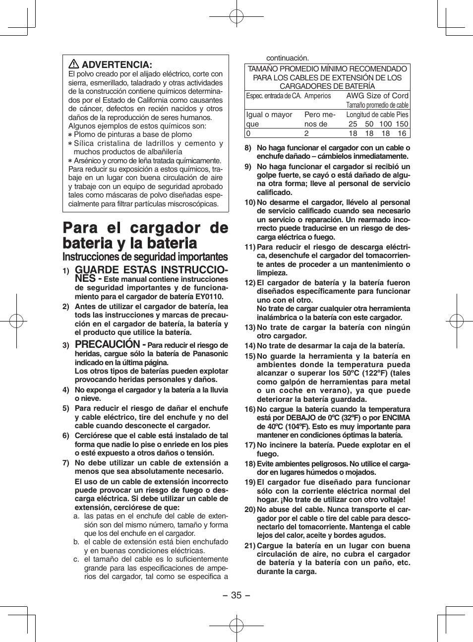 Para el cargador de bateria y la bateria, Instrucciones de seguridad importantes, Guarde estas instruccio- nes | Precaución | Panasonic EY3551 User Manual | Page 35 / 48