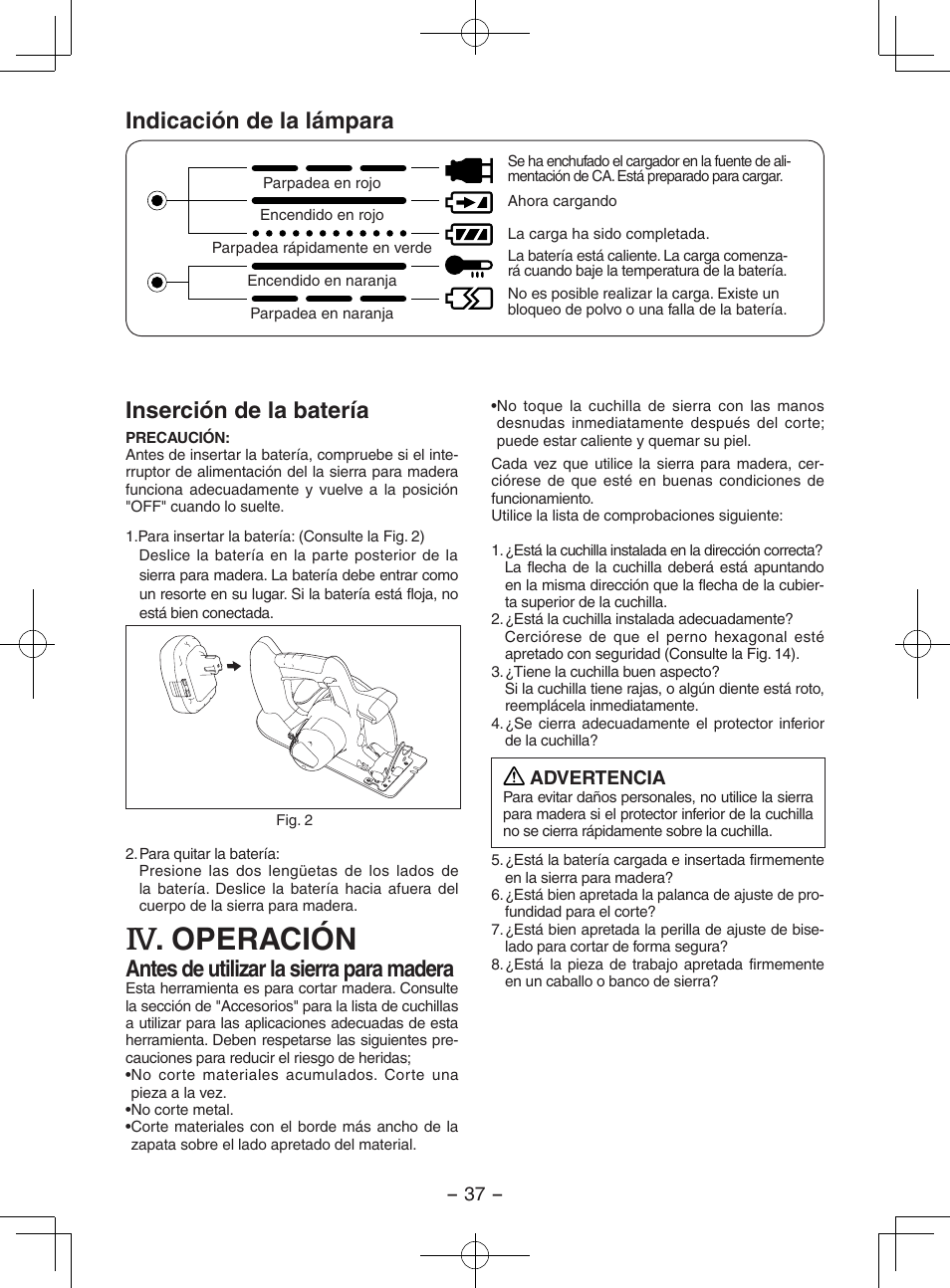 Operación, Indicación de la lámpara, Inserción de la batería | Antes de utilizar la sierra para madera | Panasonic EY3551 User Manual | Page 37 / 48