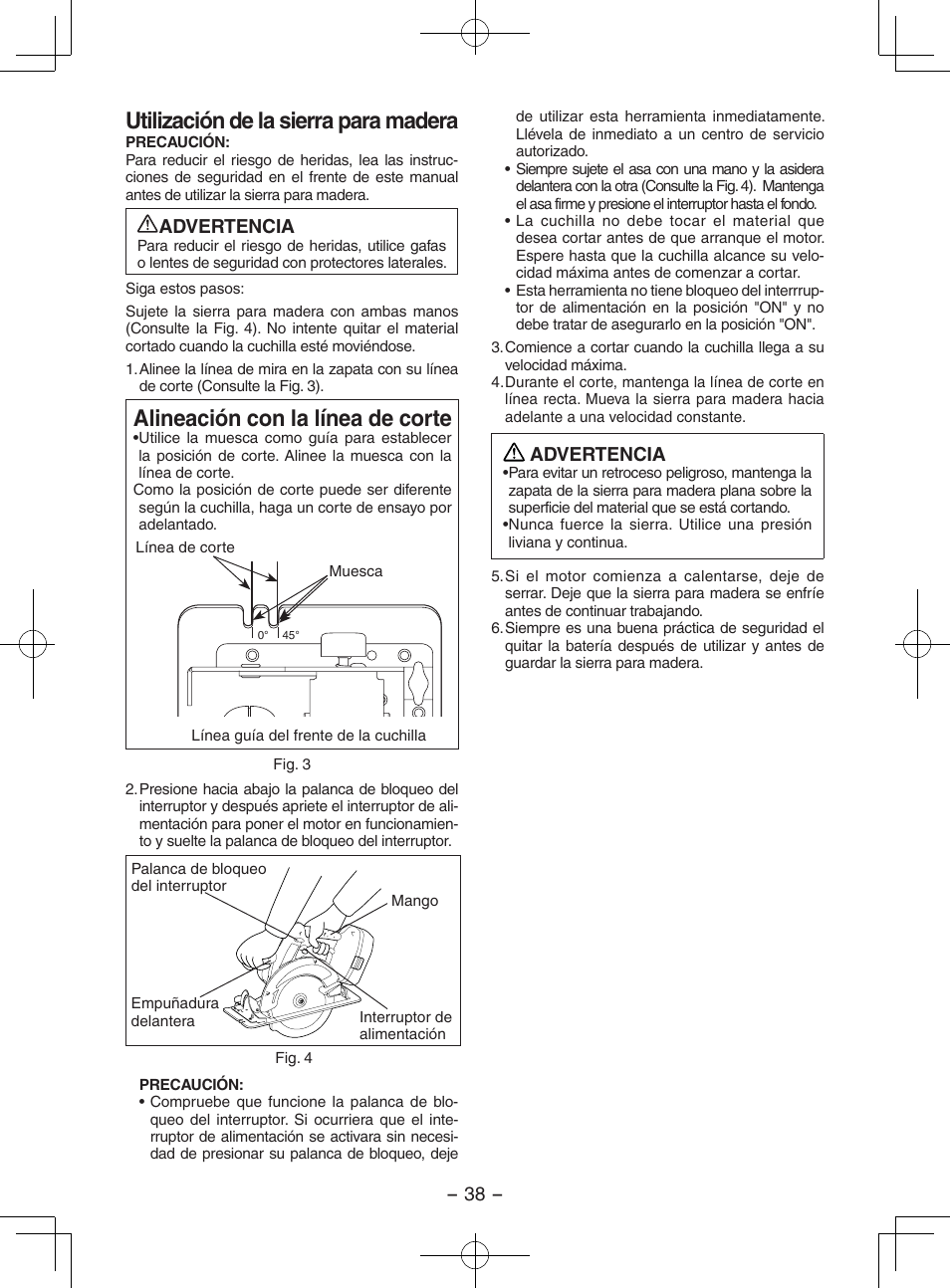 Utilización de la sierra para madera, Alineación con la línea de corte, Advertencia | Panasonic EY3551 User Manual | Page 38 / 48