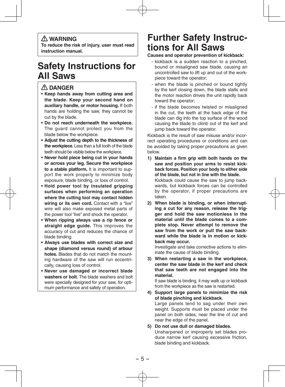 Safety instructions for all saws, Further safety instruc- tions for all saws | Panasonic EY3551 User Manual | Page 5 / 48