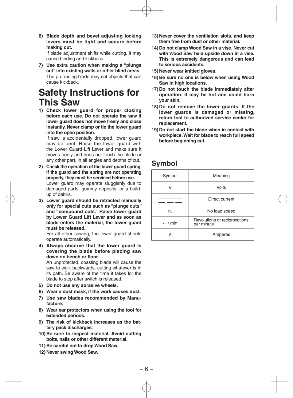 Safety instructions for this saw, Symbol | Panasonic EY3551 User Manual | Page 6 / 48