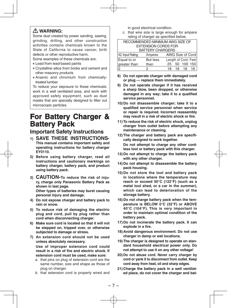 For battery charger & battery pack, Important safety instructions, Save these instructions | Caution | Panasonic EY3551 User Manual | Page 7 / 48