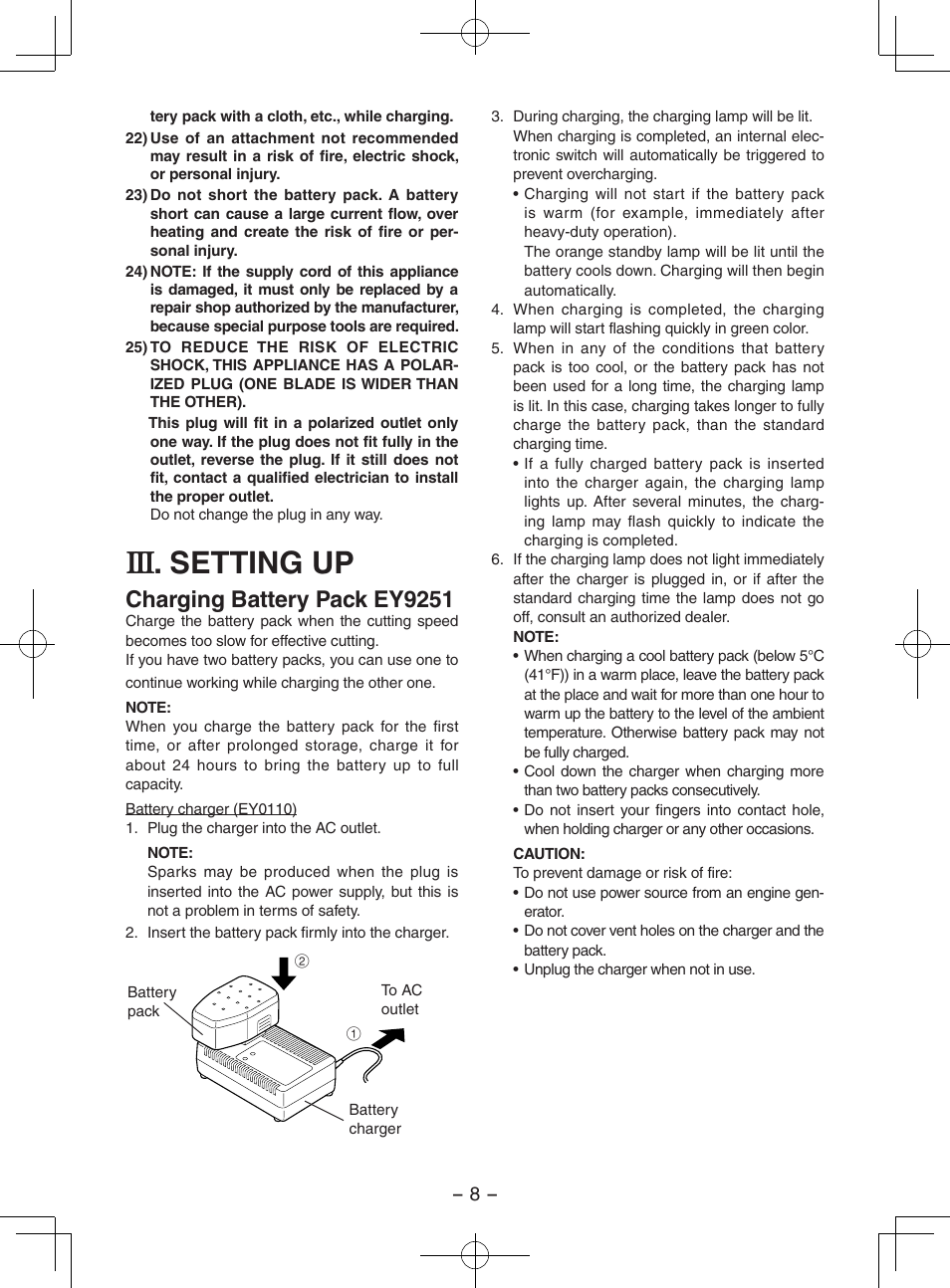 Setting up, Charging battery pack ey9251 | Panasonic EY3551 User Manual | Page 8 / 48