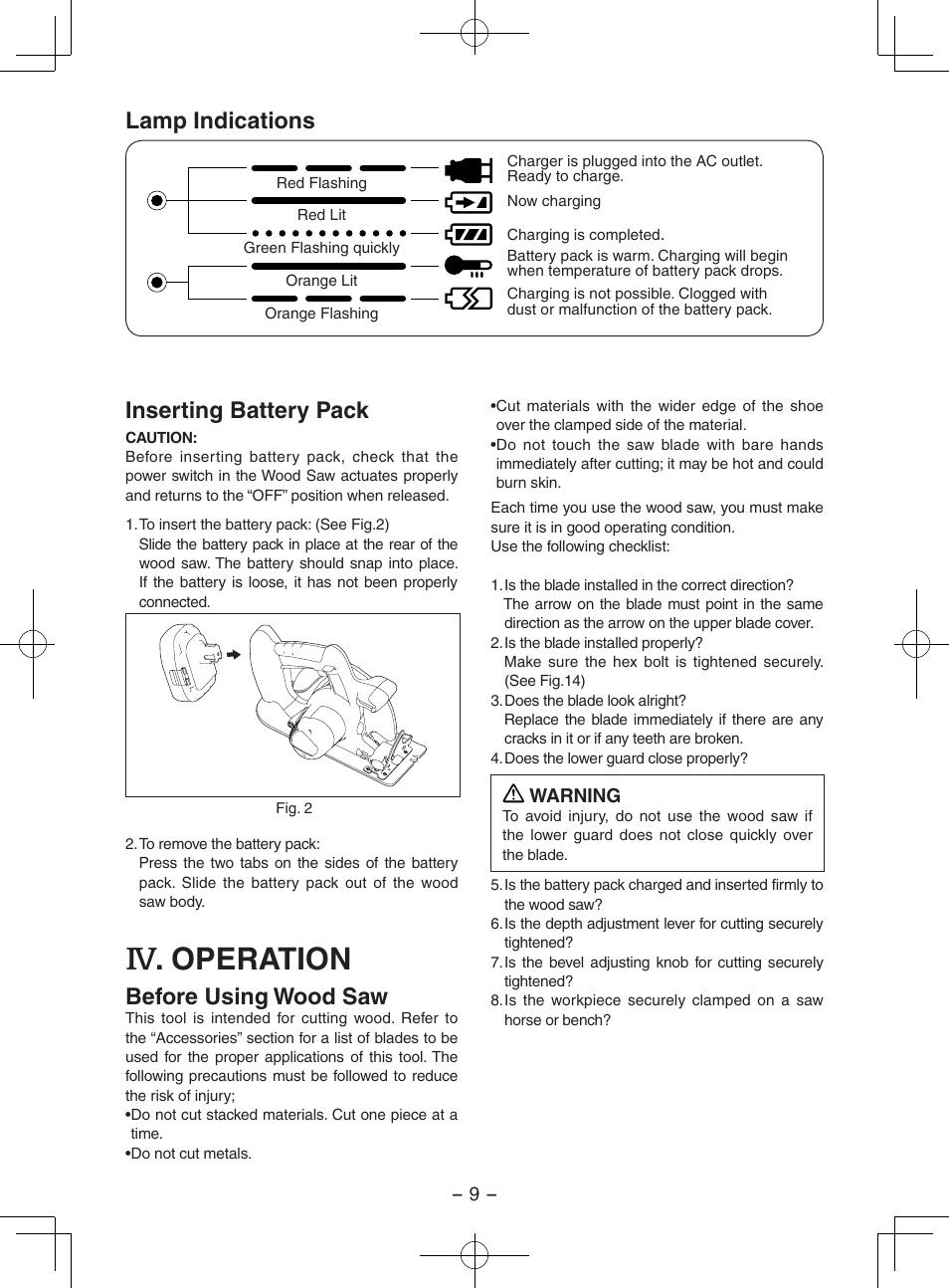 Operation, Lamp indications, Inserting battery pack | Before using wood saw | Panasonic EY3551 User Manual | Page 9 / 48