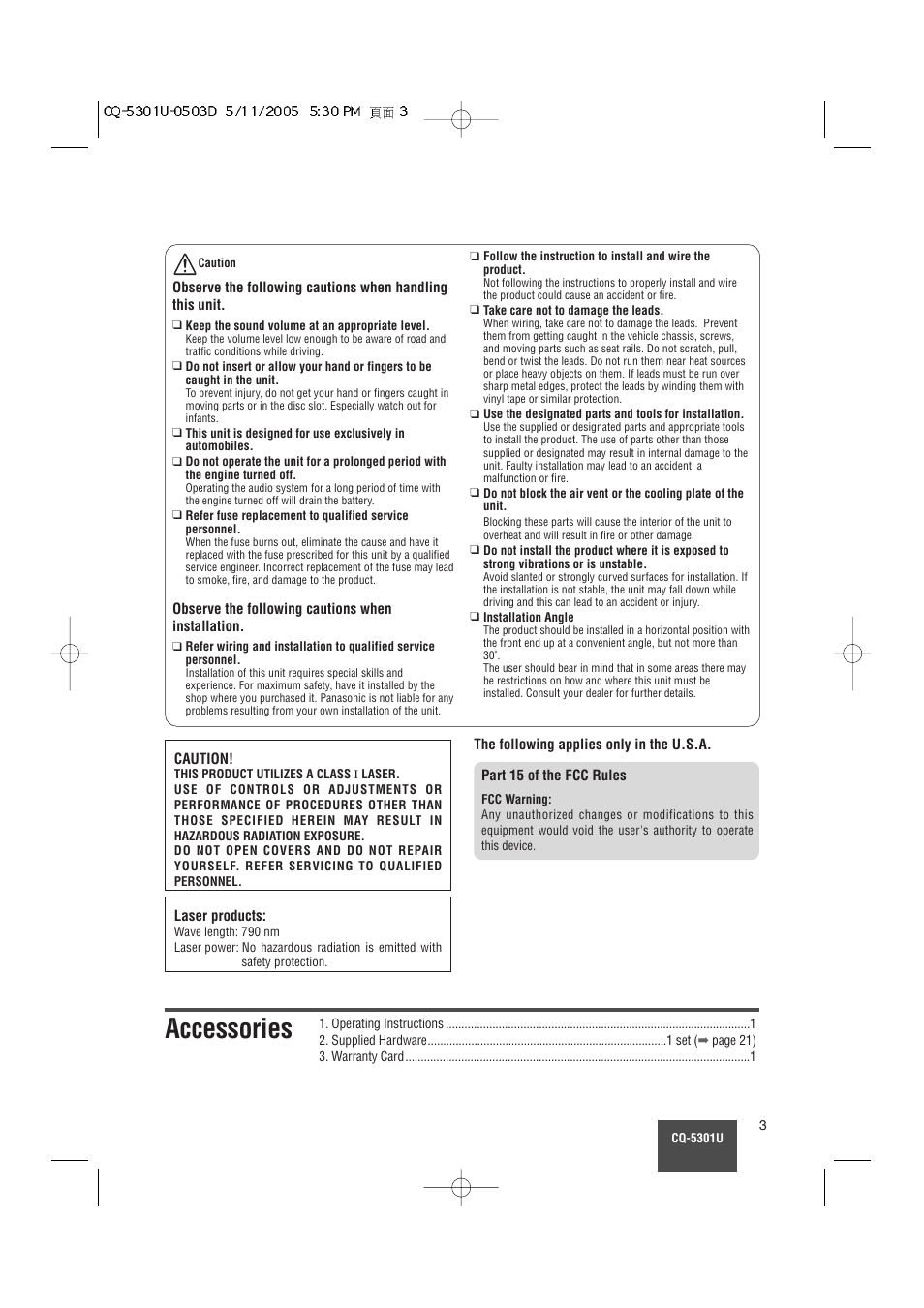 Accessories | Panasonic CQ-5301U User Manual | Page 3 / 28