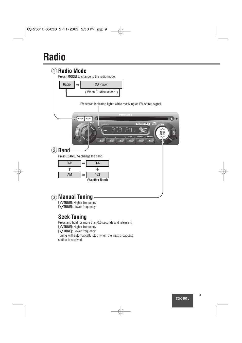 Radio, Radio mode, Band | Seek tuning, Wmanual tuning | Panasonic CQ-5301U User Manual | Page 9 / 28