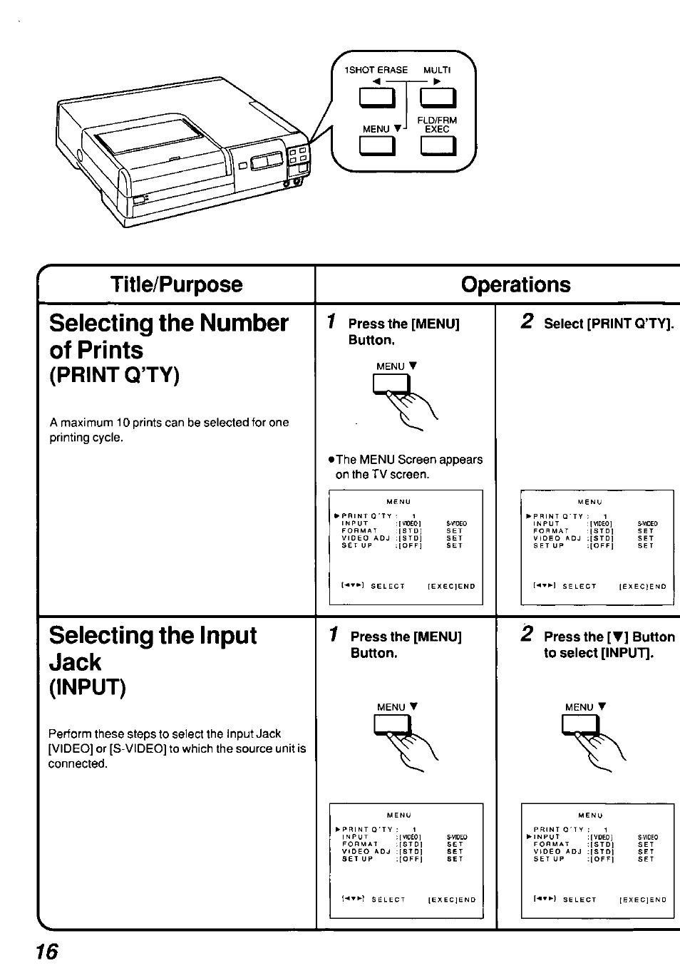 Title/purpose, Operations, Selecting the number of prints (print q’ty) | Selecting the input, Jack, Input), Selecting the number of prints, Selecting the input jack, Title/purpose operations, Print q’ty) | Panasonic AGEP50 User Manual | Page 16 / 40