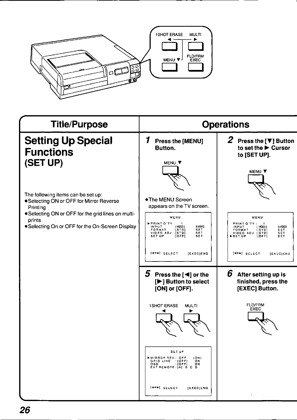 Title/purpose, Operations, Setting up special functions | Title/purpose operations, Set up), Press the [menu] button | Panasonic AGEP50 User Manual | Page 26 / 40