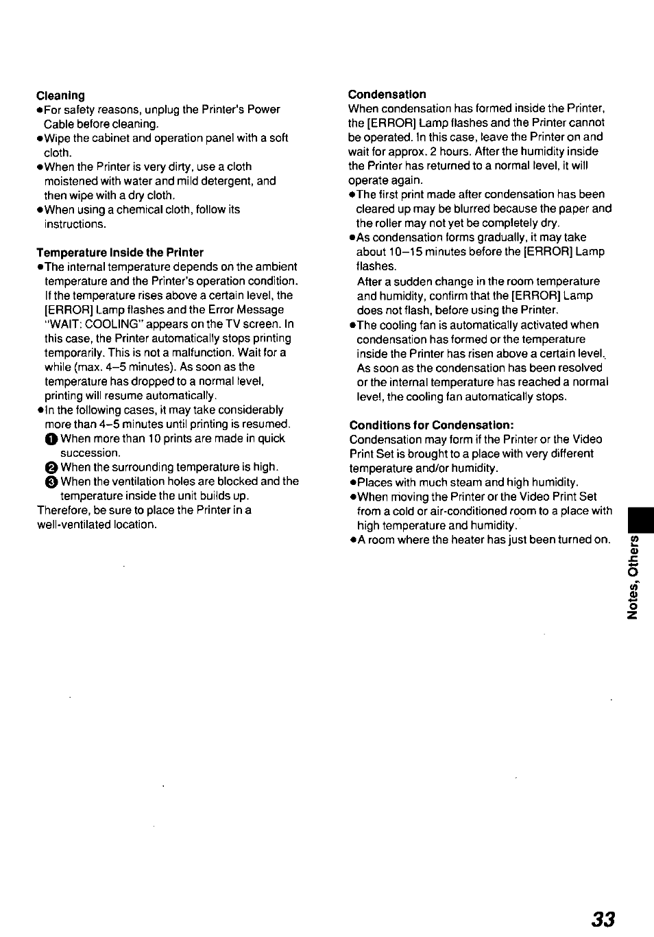 Cleaning, Temperature inside the printer, Condensation | Conditions for condensation | Panasonic AGEP50 User Manual | Page 33 / 40