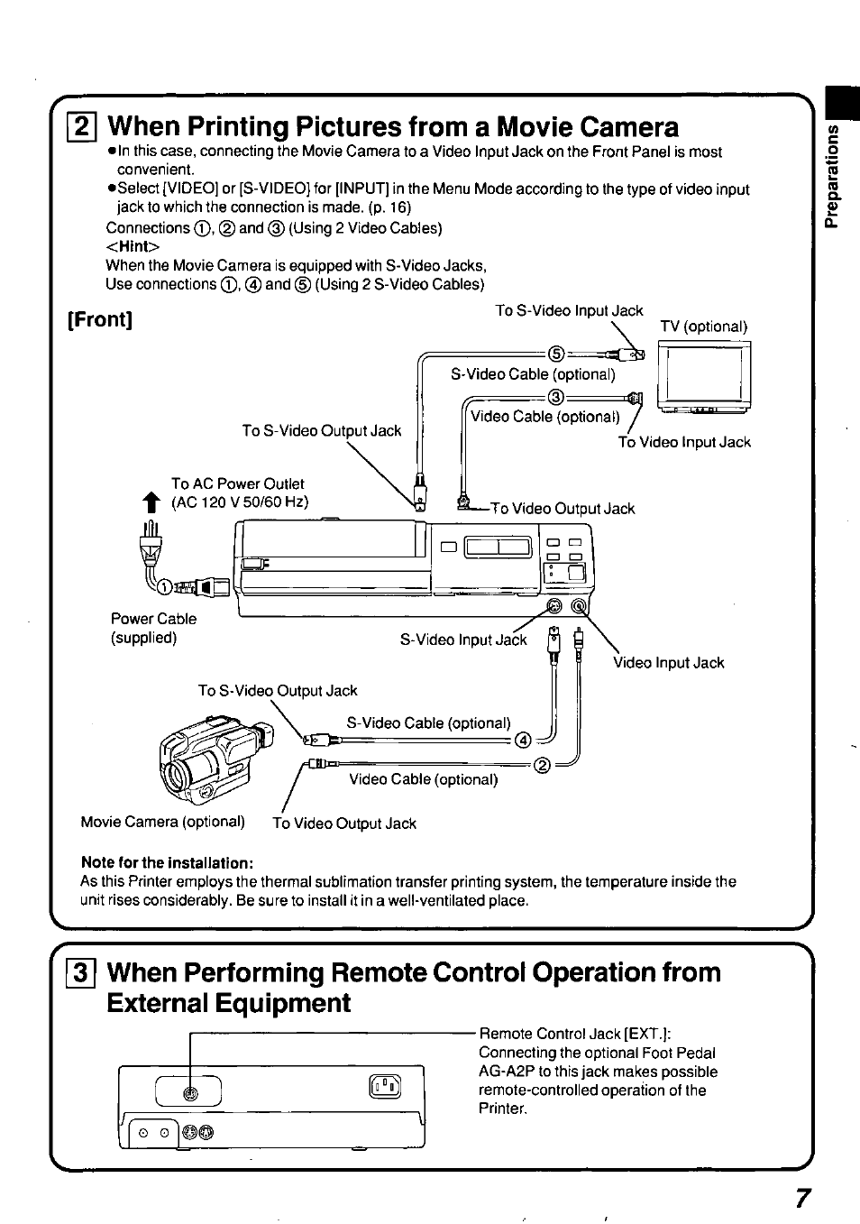 When printing pictures from a movie camera, Note for the installation | Panasonic AGEP50 User Manual | Page 7 / 40