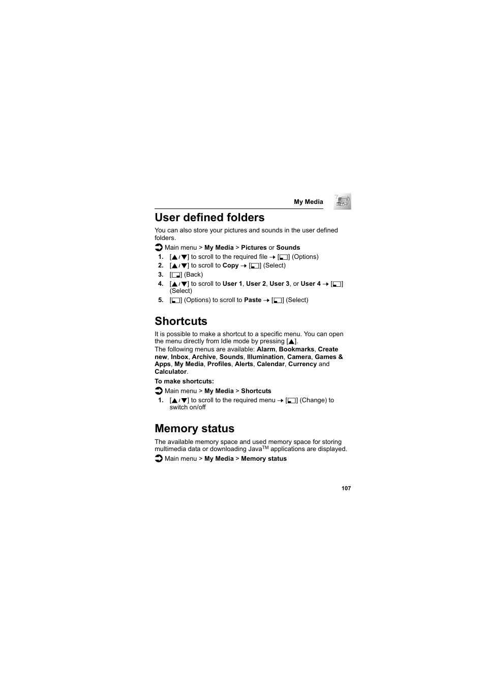 User defined folders, Shortcuts, Memory status | User defined folders shortcuts memory status | Panasonic EB-SC3 User Manual | Page 110 / 138
