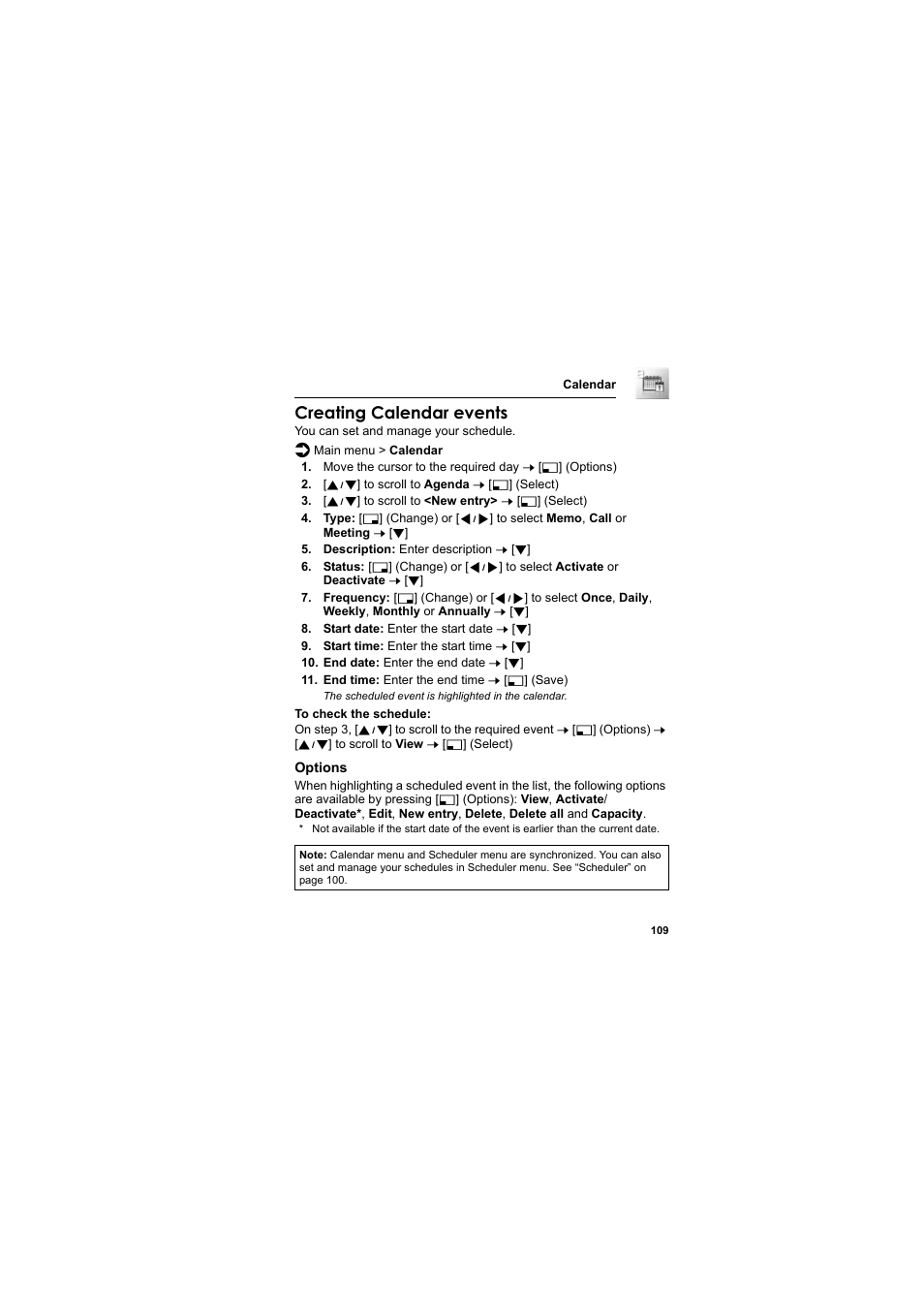 Creating calendar events | Panasonic EB-SC3 User Manual | Page 112 / 138