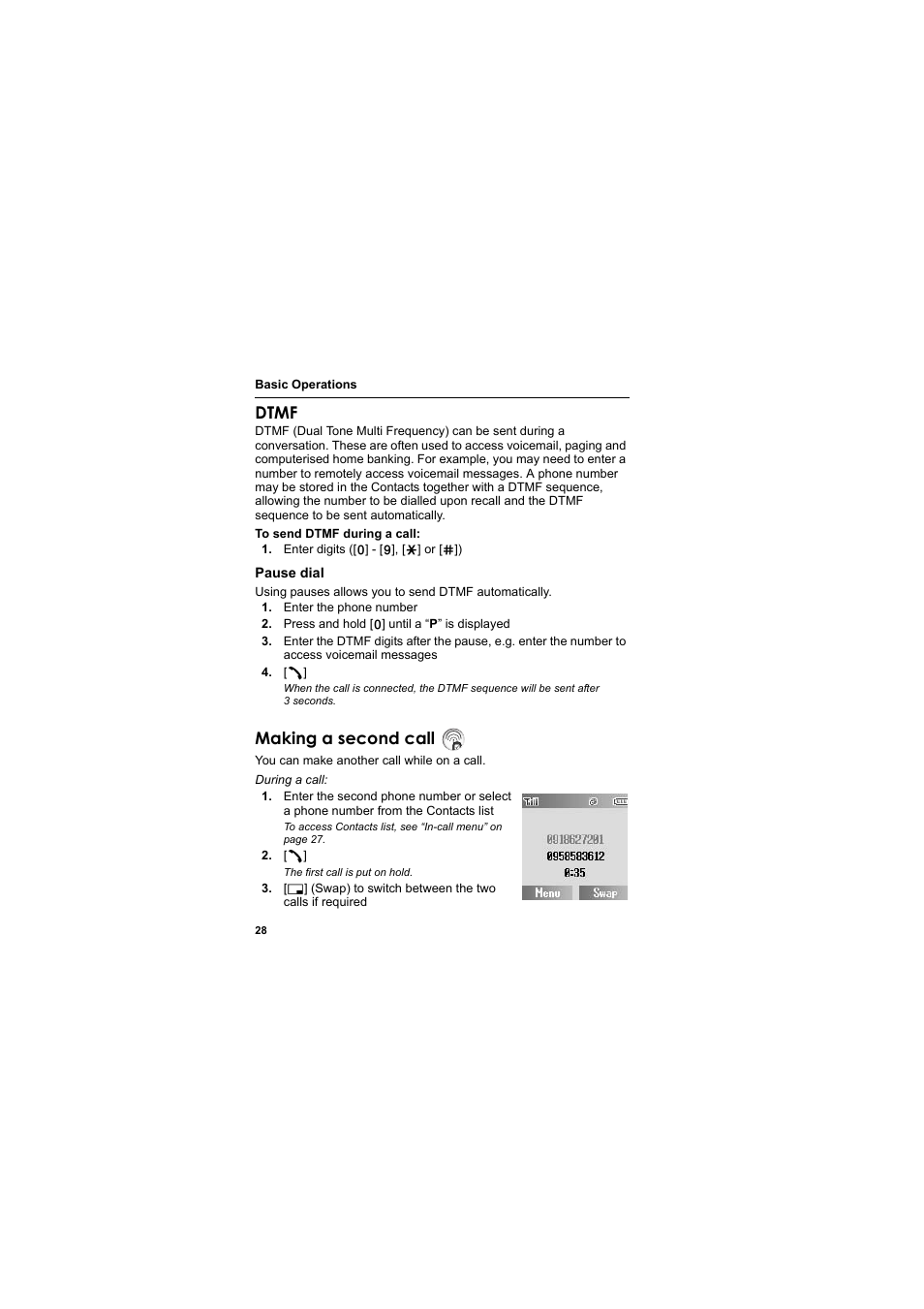Dtmf, Making a second call | Panasonic EB-SC3 User Manual | Page 31 / 138