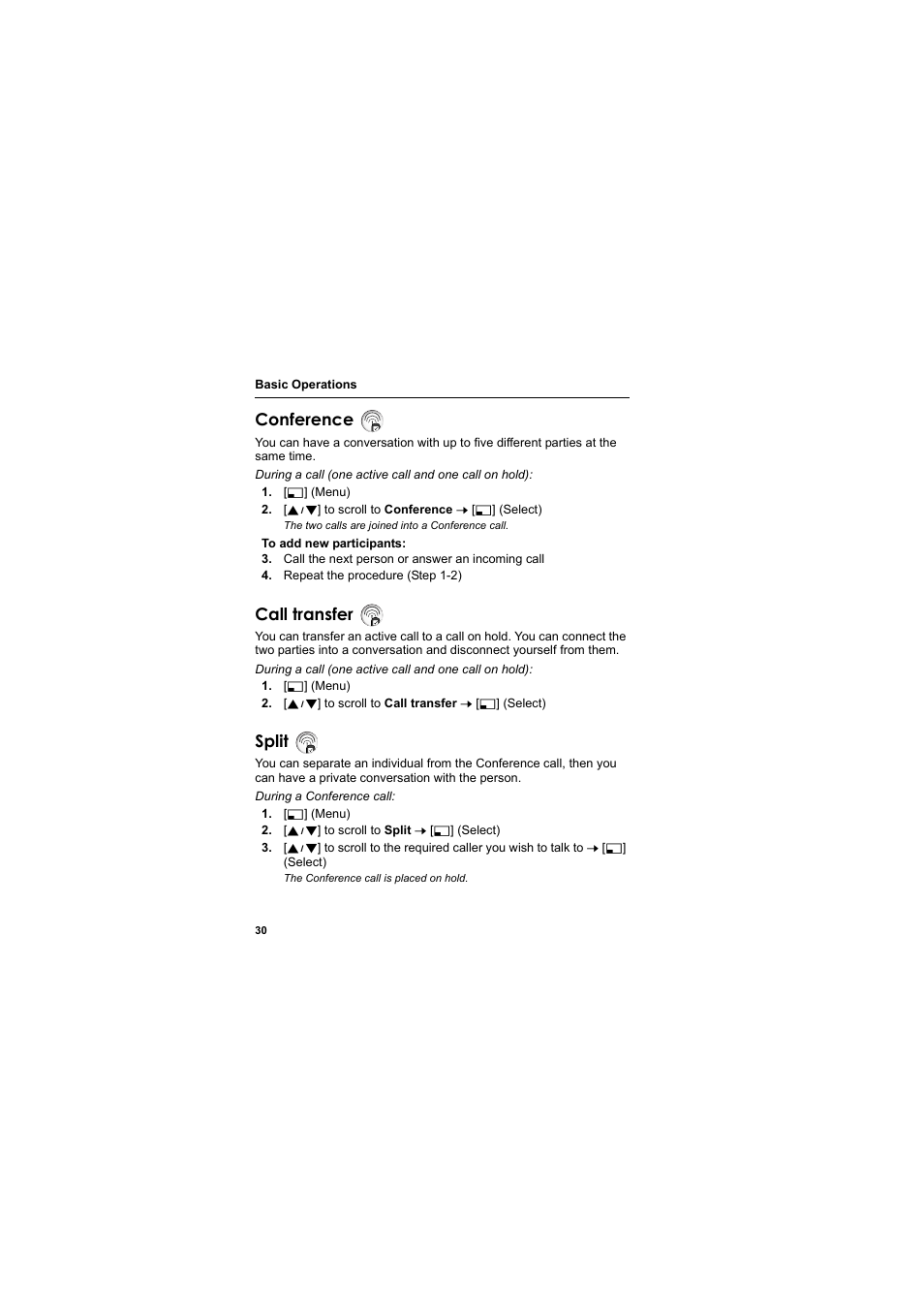 Conference, Call transfer, Split | Panasonic EB-SC3 User Manual | Page 33 / 138