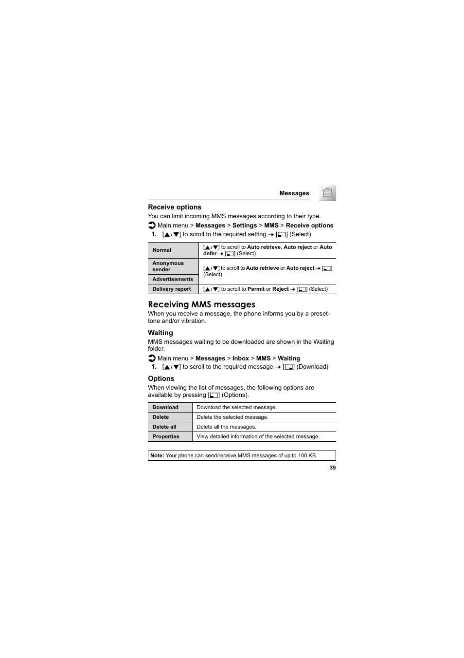 Receiving mms messages | Panasonic EB-SC3 User Manual | Page 42 / 138