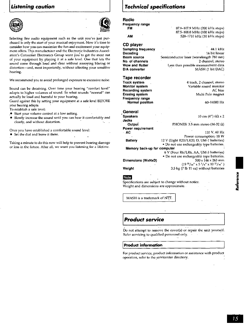 Radio, General, Battery | Dimensions (wxhxd), Weight, Issc9, Listening caution technical specifications, Product service | Panasonic PORTABLE STEREO RX-DS16 User Manual | Page 15 / 16