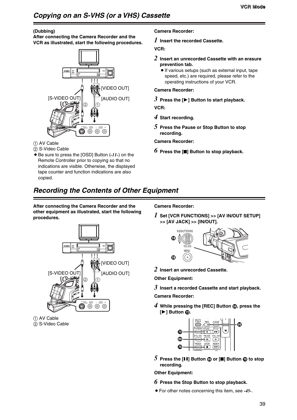 Copying on an s-vhs (or a vhs) cassette, Recording the contents of other equipment | Panasonic AG-DVC7P User Manual | Page 39 / 54