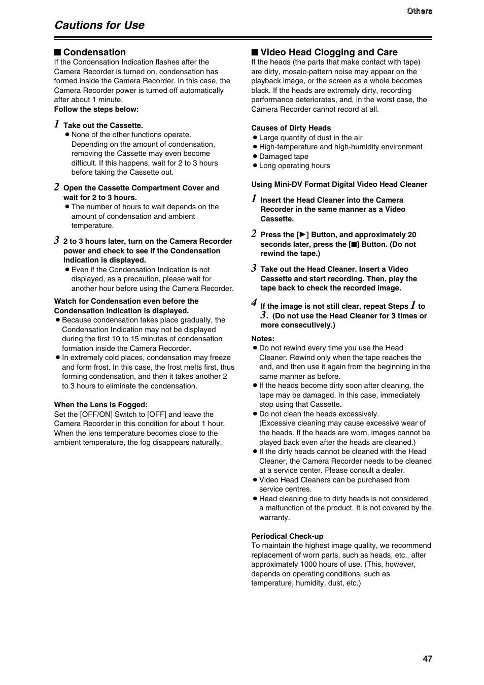 Cautions for use | Panasonic AG-DVC7P User Manual | Page 47 / 54