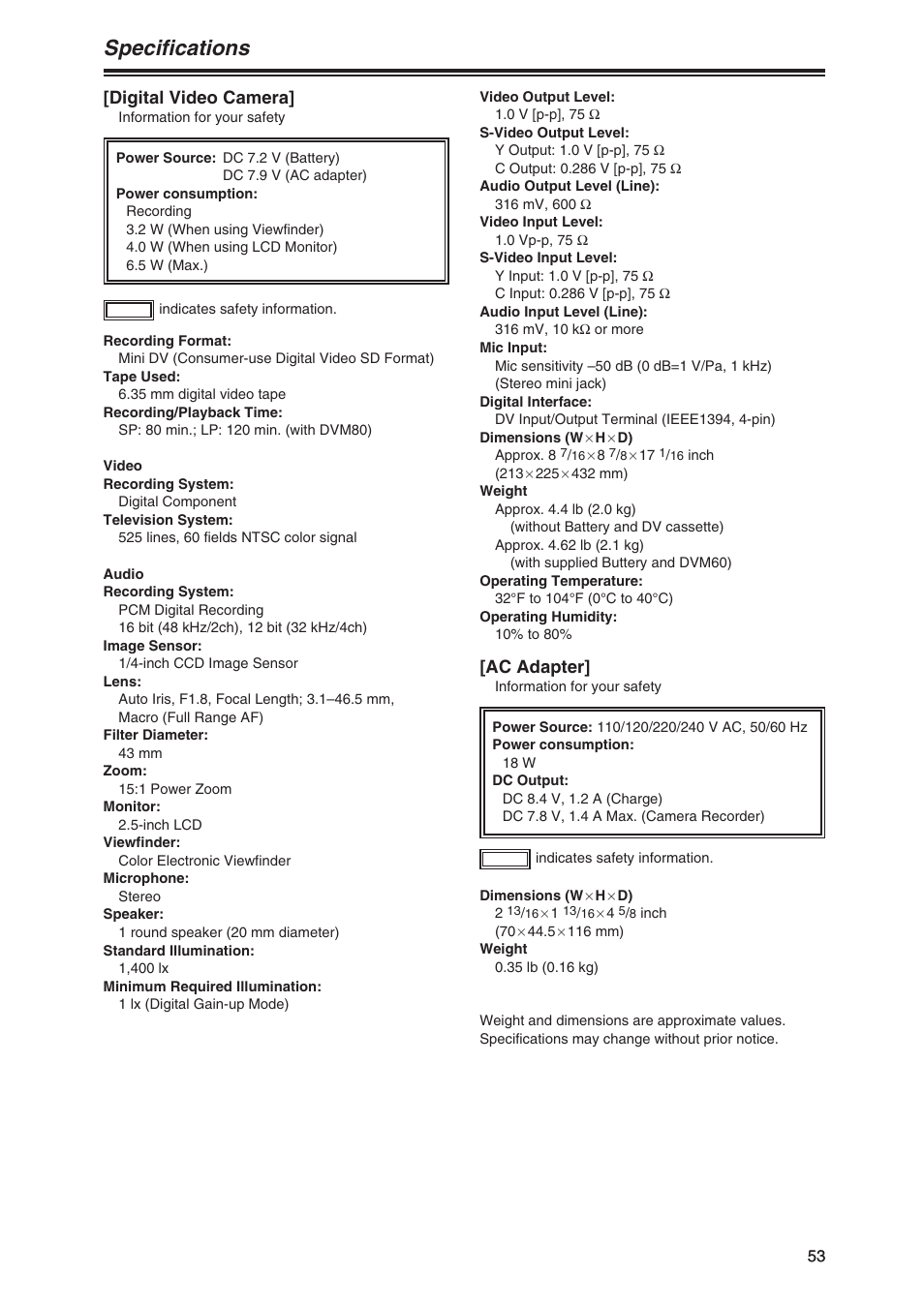 Specifications, Digital video camera, Ac adapter | Panasonic AG-DVC7P User Manual | Page 53 / 54