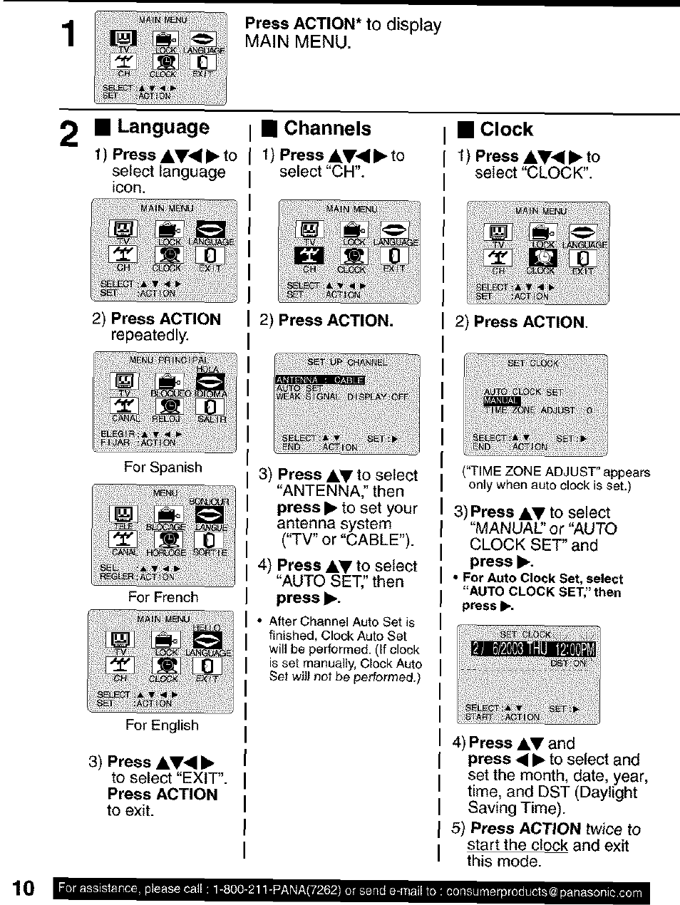 Press action* to display main menu, 2) press action, Sérkt: i | 3) press at, 1 ) press av^^ to, 1 ) press at^^ to, 4) press at and, Liit, Language, Channels | Panasonic PV C2063 User Manual | Page 10 / 40